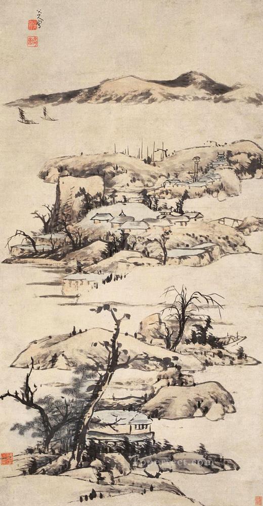 Bada Shanren 風景 Ni zan スタイルの繁体字中国語油絵